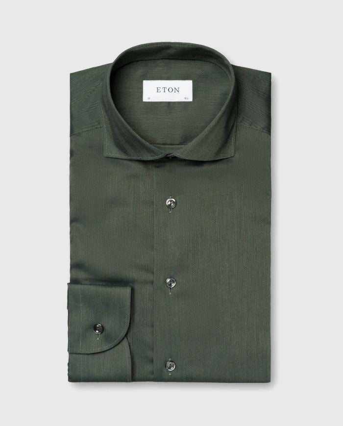 ETON 10001277568 GREEN HERRINGBONE SLIM SINGLE CUFF SHIRT